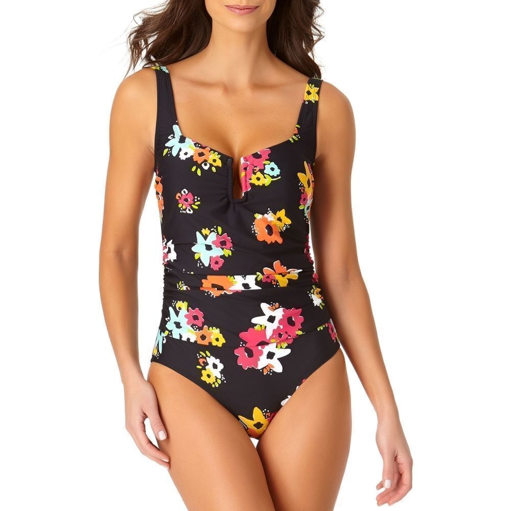 New! ANNE COLE Women's Black Floral Print One-Piece Swimsuit Bathing Suit